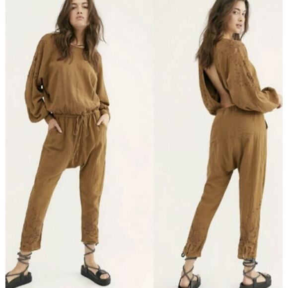 ONE TEASPOON Tobacco Tan Embroidered Lace Cutout Long Sleeve Jumpsuit Size XS - Picture 1 of 12